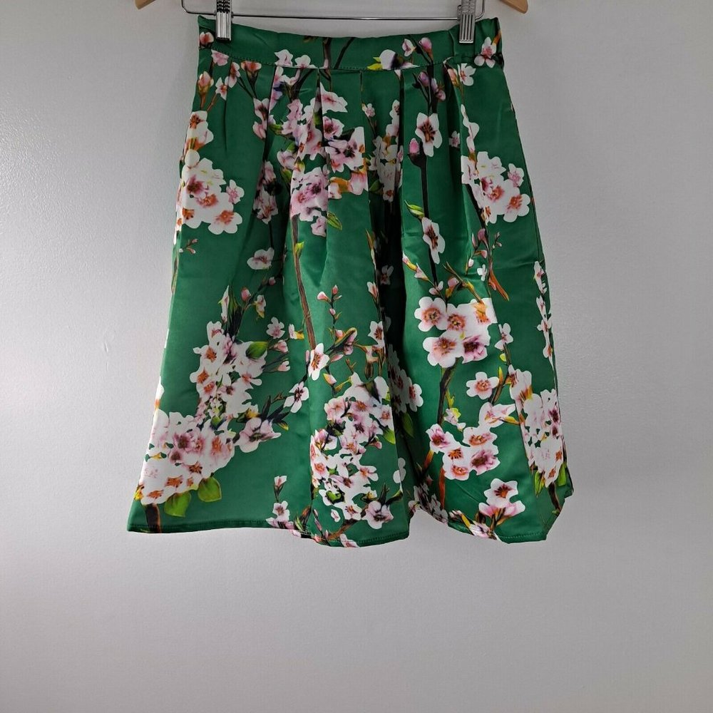 Floral Women's Shirt Green Cherry Blossom Lined Small
